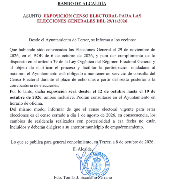 BANDO ALCALDIA ELECCIONES GENERALES 29/11/2026.